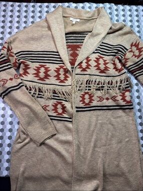 Maurices Beige Fringe Southwestern Pattern Cardigan with Rust and Black Accents